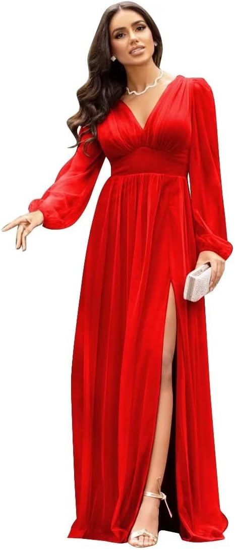 Langärmlige Brautjungfernkleider für Hochzeiten, V-Ausschnitt, formelles Kleid mit Schlitz, Chiffon-Ballkleid