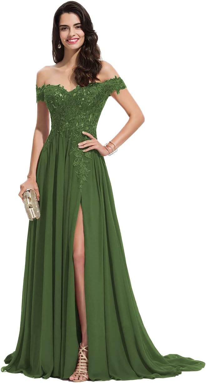 Women's Off The Shoulder Long Prom Dresses with Slit Lace Appliqued Chiffon Formal Party Gowns