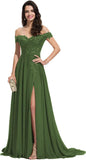 Women's Off The Shoulder Long Prom Dresses with Slit Lace Appliqued Chiffon Formal Party Gowns