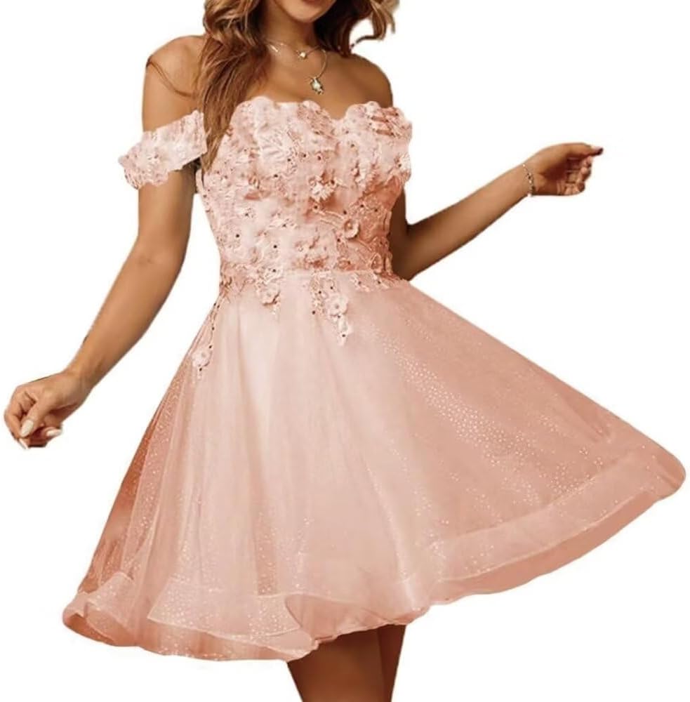 Sparkly Tulle Homecoming Dresses for Teens 2027 3D Flowers Cocktail Gowns Off Shoulder Short Prom Dresses