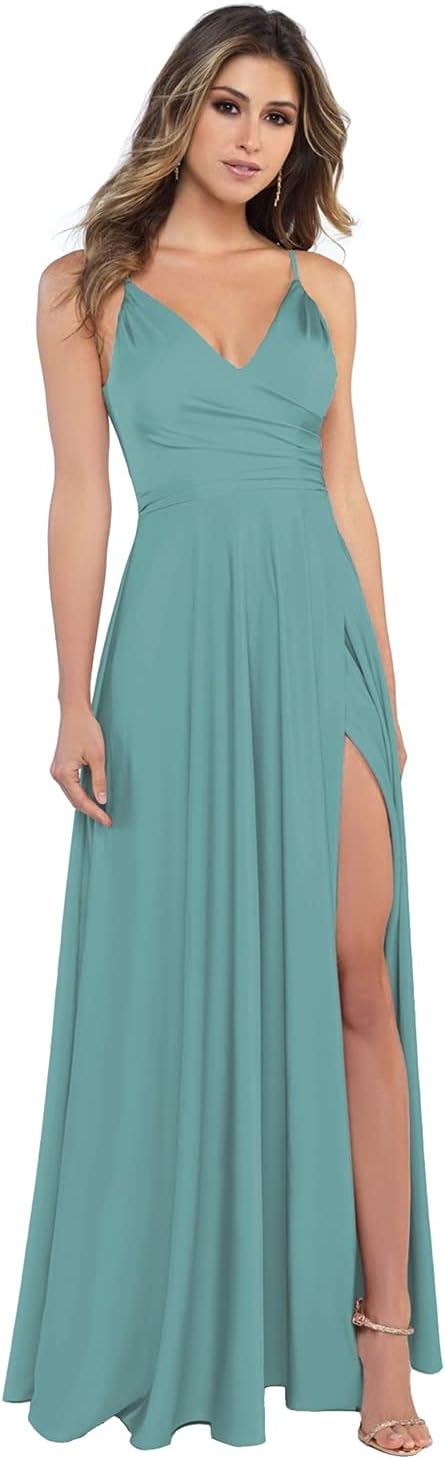 Damen-Brautjungfernkleider aus Satin mit V-Ausschnitt und Schlitz, Spaghettiträgern, formelle Ballkleider mit Taschen 