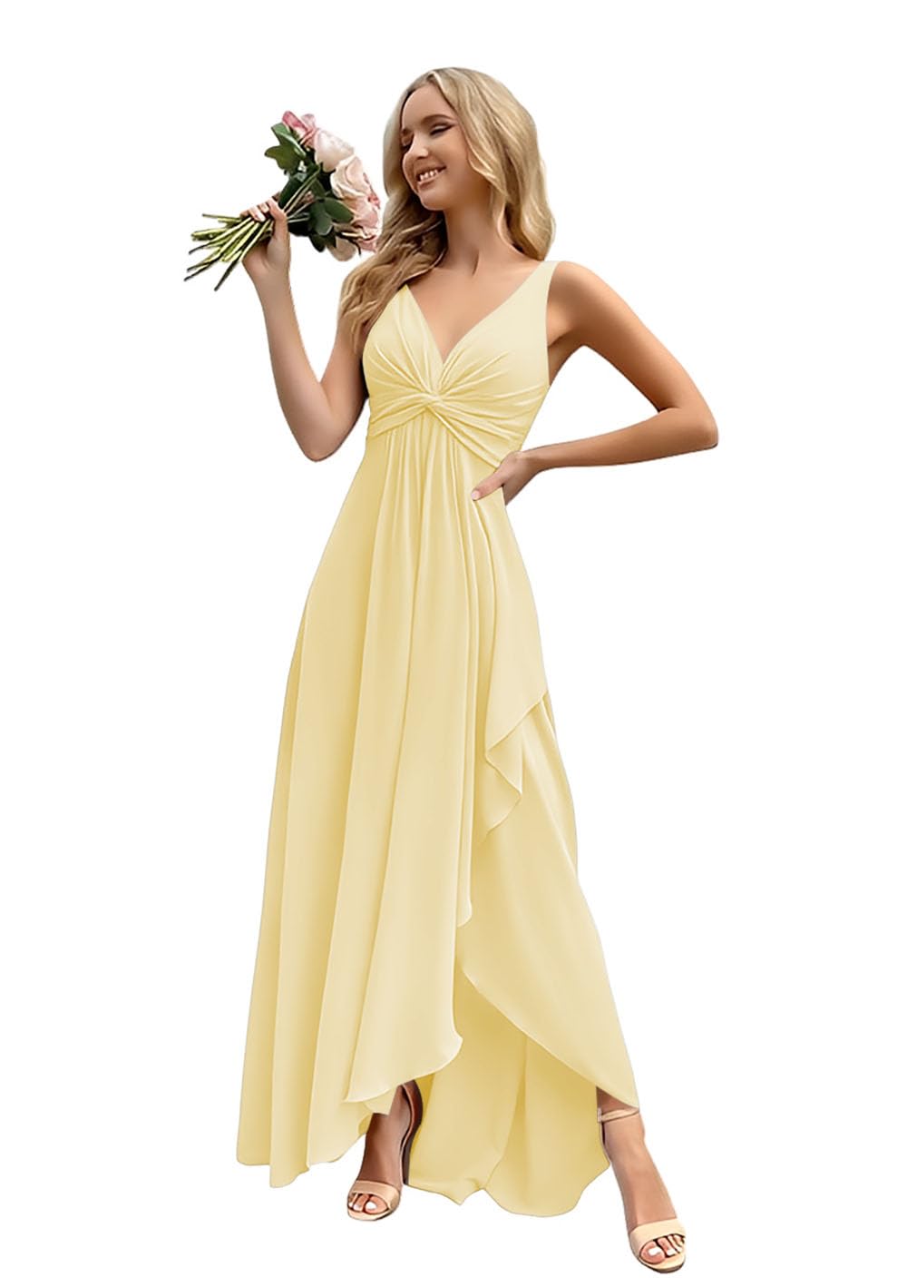 Women’s Long Bridesmaid Dresses Sleeveless V-Neck Formal Wedding Guest Chiffon Prom Gowns for Teens