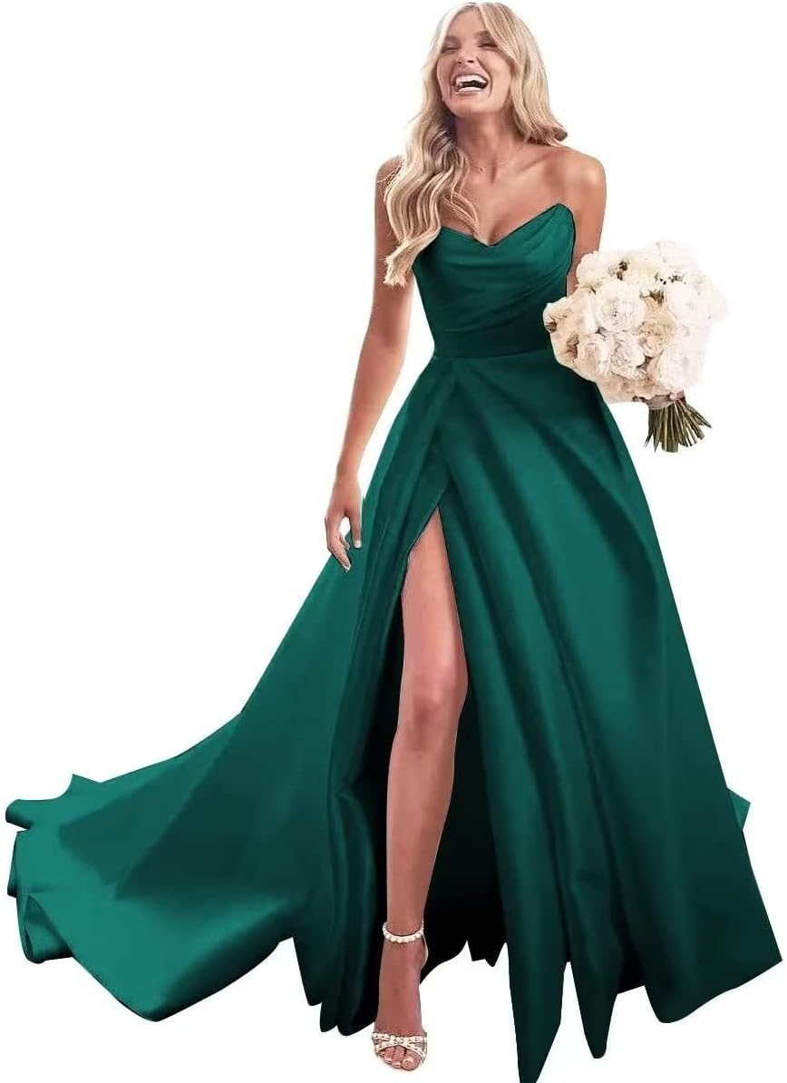 Trägerloses Ballkleid, langes Ballkleid, Satin-Brautkleid für die Braut, A-Linie, formelle Abendkleider mit Schlitz 