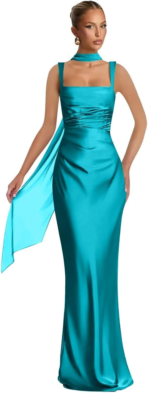 Mermaid Bridesmaid Dresses with Scarf 2027 Long Satin Spaghetti Straps Ruched Formal Evening Party Dress for Women