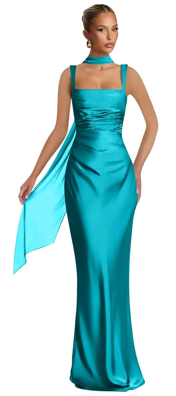 Mermaid Bridesmaid Dresses with Scarf 2027 Long Satin Spaghetti Straps Ruched Formal Evening Party Dress for Women