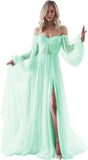 Women's Puffy Long Sleeve Prom Dresses with Slit Off Shoulder Tulle Wedding Formal Evening Gowns