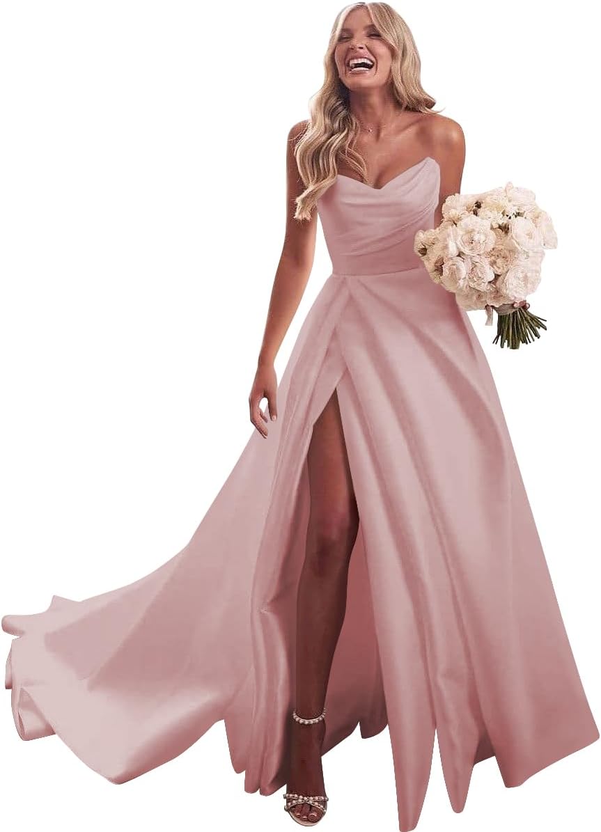 Strapless Satin Prom Wedding Dresses with Slit Long Pleats Formal Ball Bridal Gowns with Pockets