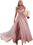 Strapless Satin Prom Wedding Dresses with Slit Long Pleats Formal Ball Bridal Gowns with Pockets