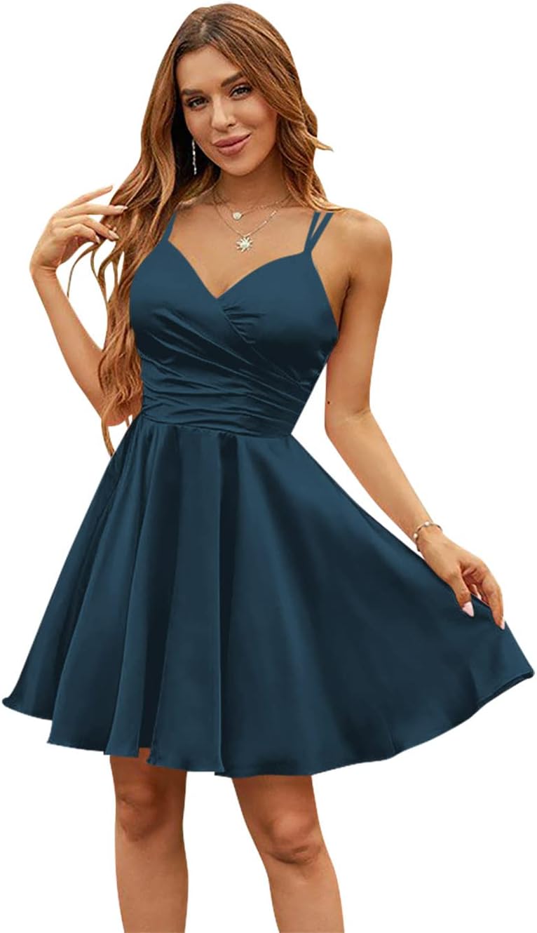 Vestidos de fiesta de satén con escote en V, cortos, con tirantes finos y bolsillos para adolescentes 