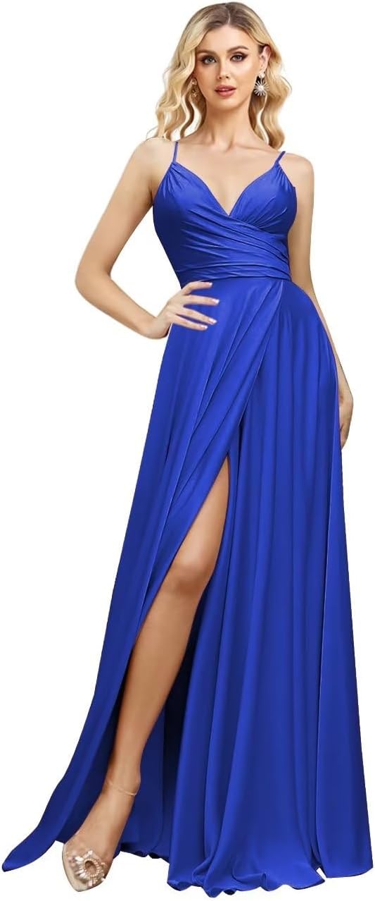 V Neck Satin Bridesmaid Dresses Spaghetti Straps Prom Dress Slit Wedding Formal Evening Party Dress
