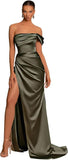 One Shoulder Mermaid Bridesmaid Dresses with Slit 2025 Pleats Satin Formal Evening Gowns for Women