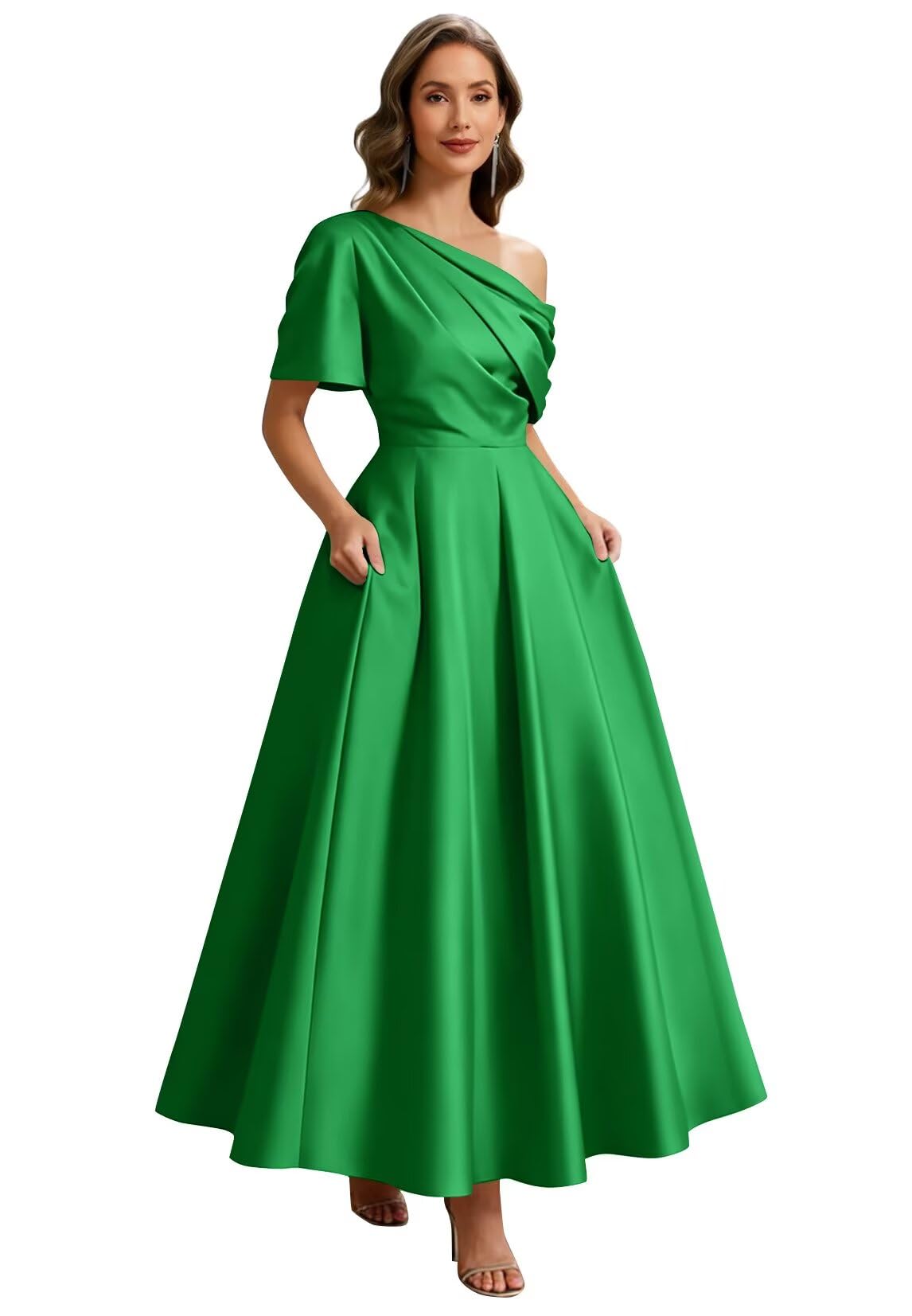 Kingbridal Satin Mother of The Bride Dresses for Women Tea Length Formal Dress One Shoulder Evening Party Gowns with Pockets
