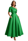 Kingbridal Satin Mother of The Bride Dresses for Women Tea Length Formal Dress One Shoulder Evening Party Gowns with Pockets