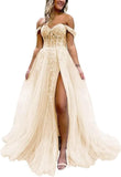 Off The Shoulder Tulle Prom Dress with Laces Applique A-line Slit Long Ball Gowns Glitter Formal Evening Dress