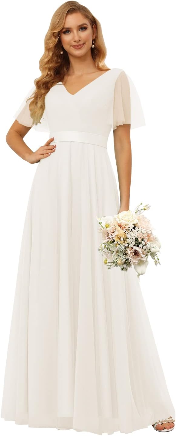 Damen Brautjungfernkleider mit Flatterärmeln, Tüll, lang, V-Ausschnitt, Empire-Taille, formelles Kleid 