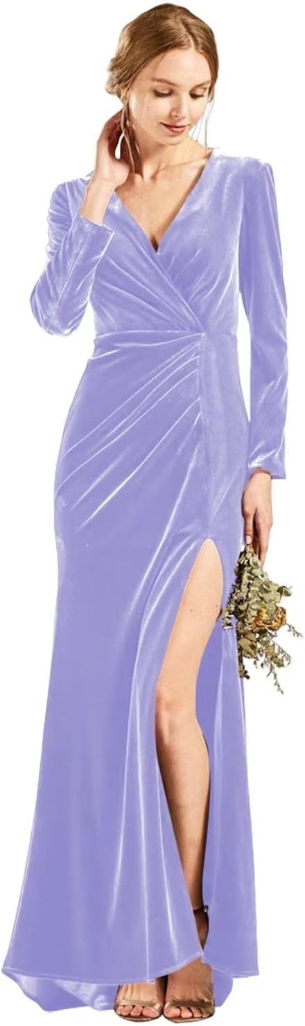 Langärmliges Brautjungfernkleid aus Samt mit Schlitz, V-Ausschnitt, Meerjungfrau-Stil, formelles Kleid für Damen