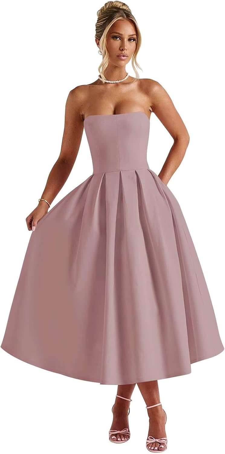 Strapless Satin Tea Length Prom Dresses for Women 2027 A-Line Corset Backless Cocktail Bridesmaid Dress with Pocket