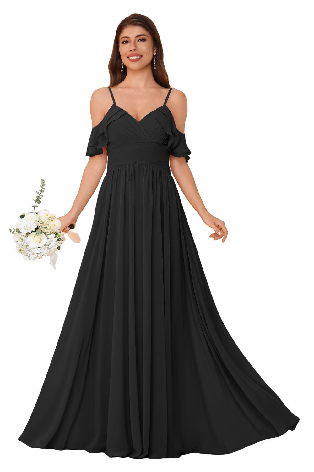 Women's Long Chiffon Bridesmaid Dresses Ruffle V Neck Formal Evening Prom Gown Spaghetti Strap Maxi Wedding Guest Dress