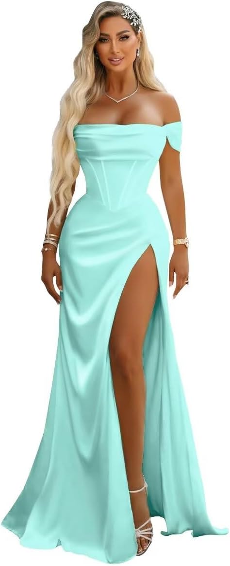 Off Shoulder Mermaid Prom Dresses with Slit 2027 Long Satin Pleated Formal Dress for Women Evening Party