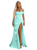 Off Shoulder Mermaid Prom Dresses with Slit 2027 Long Satin Pleated Formal Dress for Women Evening Party