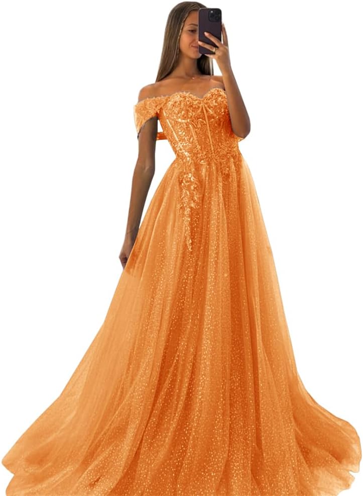 Off The Shoulder Tulle Prom Dresses 2027 Lace Applique A Line Long Sparkly Formal Evening Party Gowns