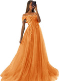 Off The Shoulder Tulle Prom Dresses 2027 Lace Applique A Line Long Sparkly Formal Evening Party Gowns