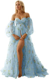 Flower Embroidery Tulle Maternity Dresses for Photoshoot Long Puffy Sleeve Off Shoulder Pregnancy Baby Shower Dress