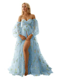 Kingbridal Gowns Flower Embroidery Tulle Maternity Dresses for Photoshoot Long Puffy Sleeve Off Shoulder Pregnancy Baby Shower Dress