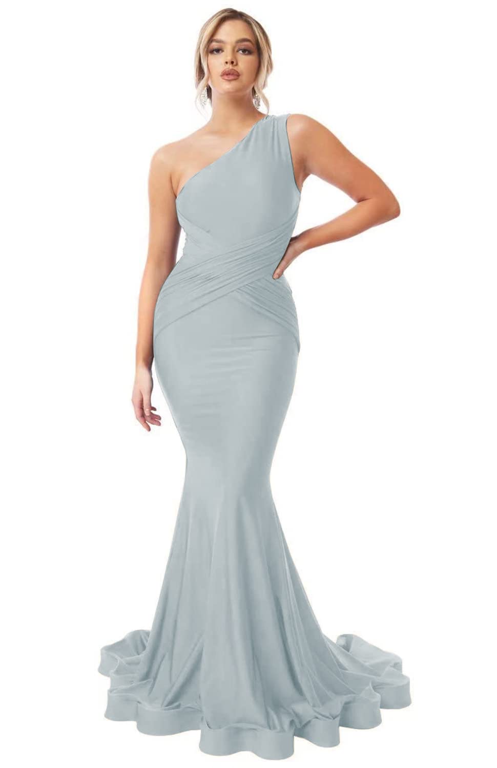 Womens One Shoulder Mermaid Bridesmaid Dresses for Wedding Long Tight Ruched Prom Dresses Evening Formal Gowns