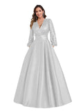 Satin Mother of Bride Dresses Long for Women Sequin Long Sleeve Evening Gown with Pockets