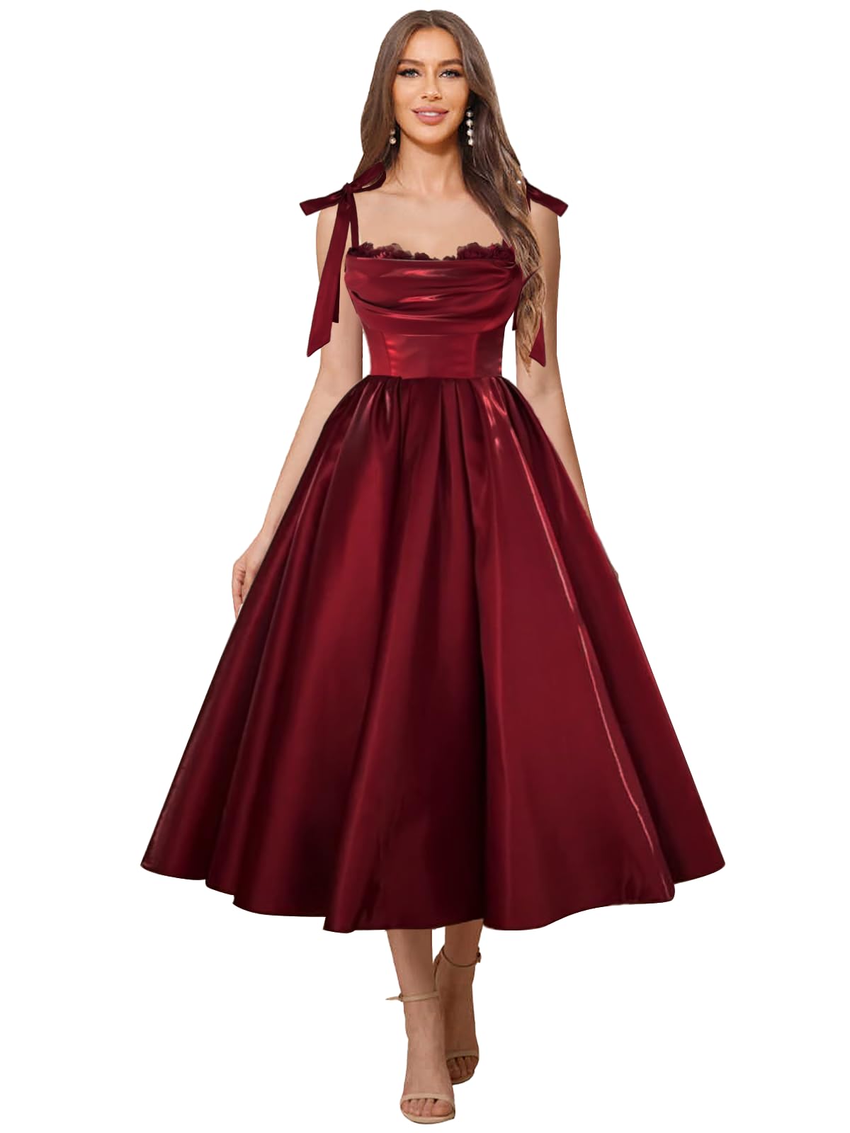 Satin Prom Dresses for Women Spaghetti Straps Corset A-Line Ball Formal Gowns Tea Length with Pockets