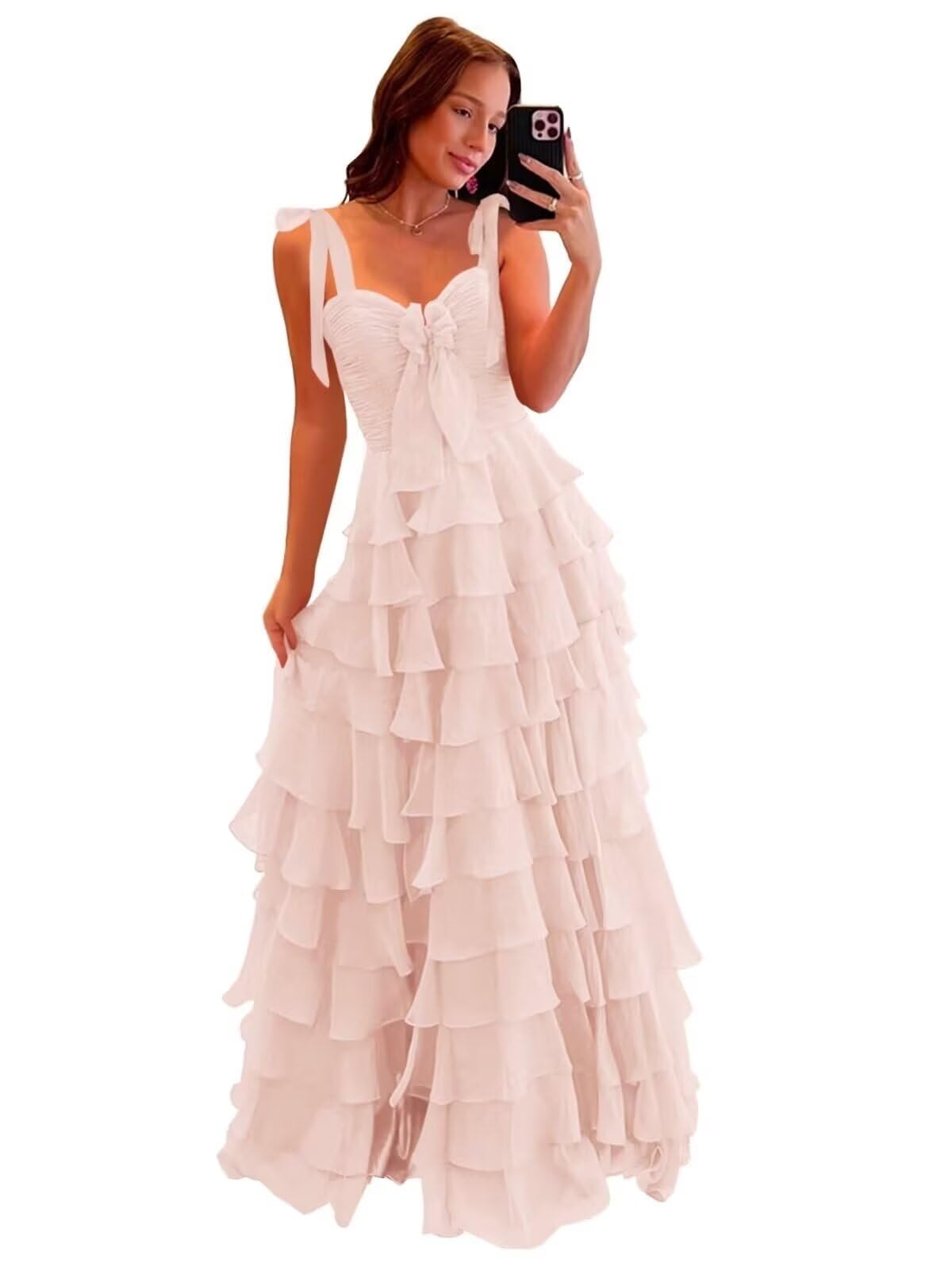 Tiered Prom Dresses with Bow Long A-Line Chiffon Formal Evening Dress for Women Spaghetti Straps Slit Ball Gown