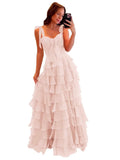 Tiered Prom Dresses with Bow Long A-Line Chiffon Formal Evening Dress for Women Spaghetti Straps Slit Ball Gown