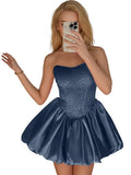 Strapless Satin Homecoming Dresses for Teens Jacquard Short Prom Dress A-line Cocktail Party Gowns with Pockets