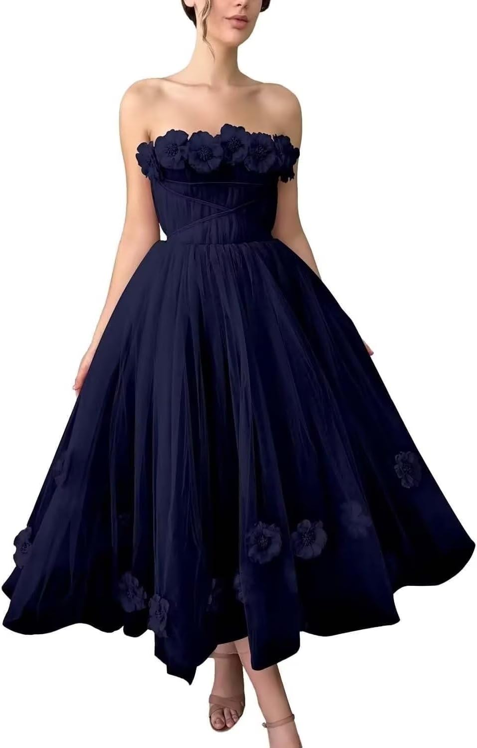 Women's 3D Flower Off Shoulder Tea Length Whimsical Prom Dress, A Line Strapless Tulle Formal Evening Party Gown