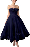Women's 3D Flower Off Shoulder Tea Length Whimsical Prom Dress, A Line Strapless Tulle Formal Evening Party Gown