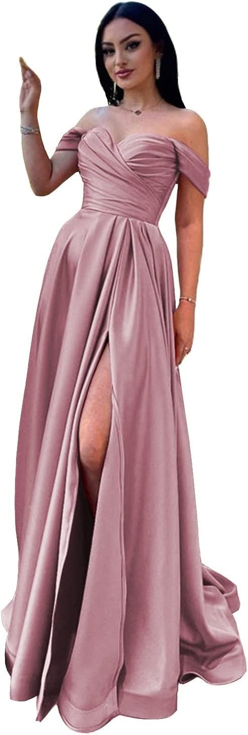 Schulterfreies Satin-Ballkleid, herzförmiger Ausschnitt, formelles Kleid, A-Linie, Abendkleid mit Schlitz 