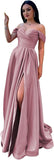 Schulterfreies Satin-Ballkleid, herzförmiger Ausschnitt, formelles Kleid, A-Linie, Abendkleid mit Schlitz 