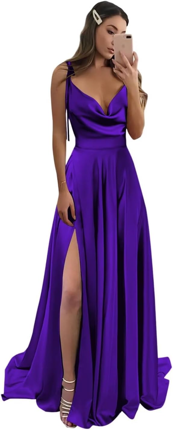 Vestidos de fiesta largos de satén con abertura alta para mujer, 2024, tirantes finos ajustables, vestidos de fiesta formales con bolsillos 