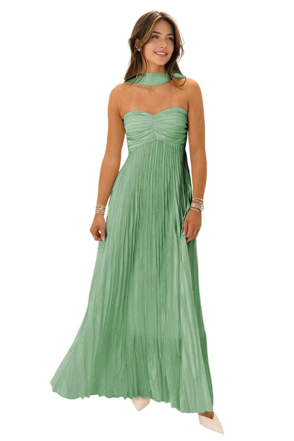 Flowy Chiffon Bridesmaid Prom Dress with Scarf Strapless Pleated Formal Evening Dresses