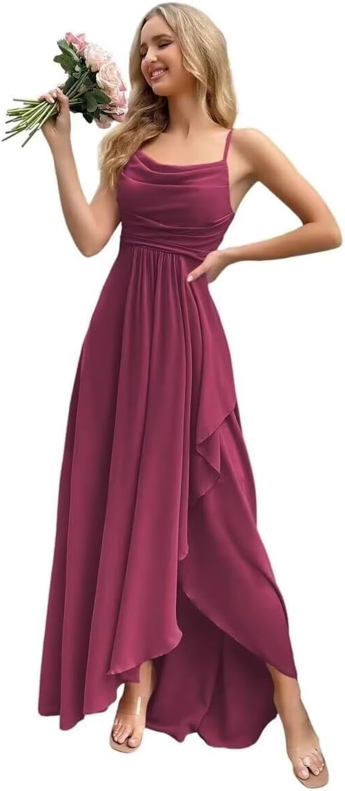 Spaghetti Strap Chiffon Bridesmaid Dresses for Women Long Ruched A-Line Cowl Neck Formal Evening Gowns with Slit
