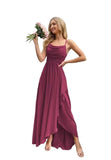 Spaghetti Strap Chiffon Bridesmaid Dresses for Women Long Ruched A-Line Cowl Neck Formal Evening Gowns with Slit