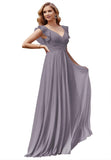 Women's V Neck Ruffle Chiffon Bridesmaid Dresses Long with Pockets Ruched Formal Dresses