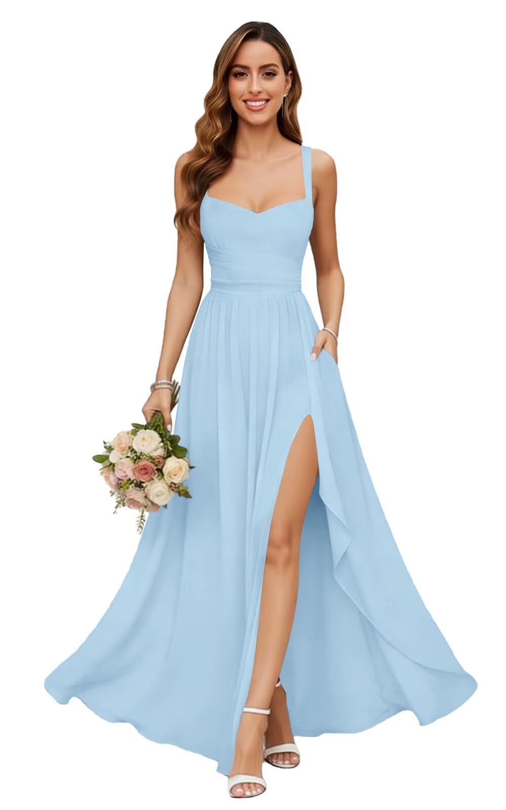 Chiffon Bridesmaid Dresses for Women Long Spaghetti Straps A-line Pleated Formal Evening Party Gowns with Pockets