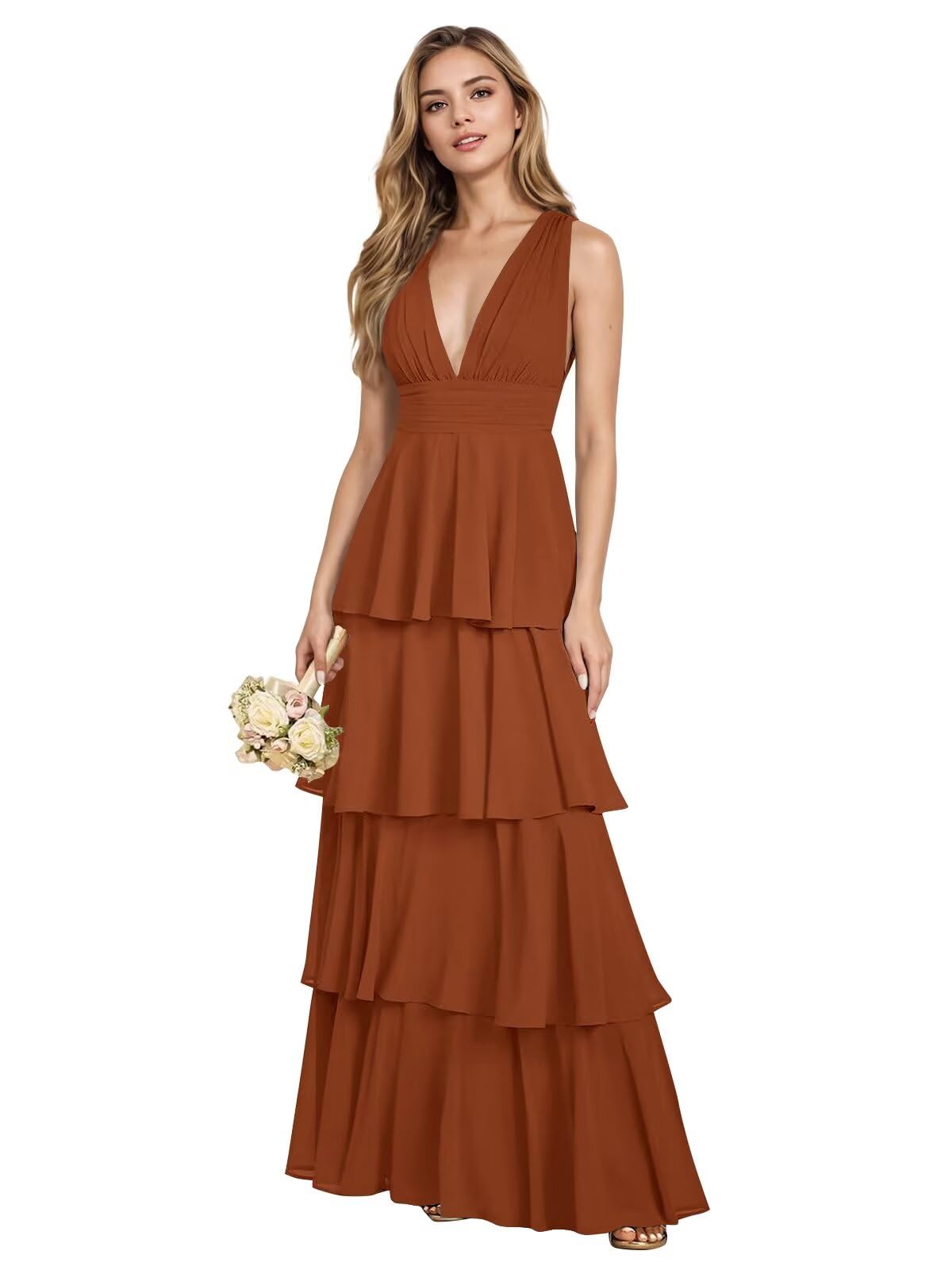 V Neck Chiffon Bridesmaid Dresses for Women 2027 Long Tiered A-Line Ruffles Formal Evening Party Dress