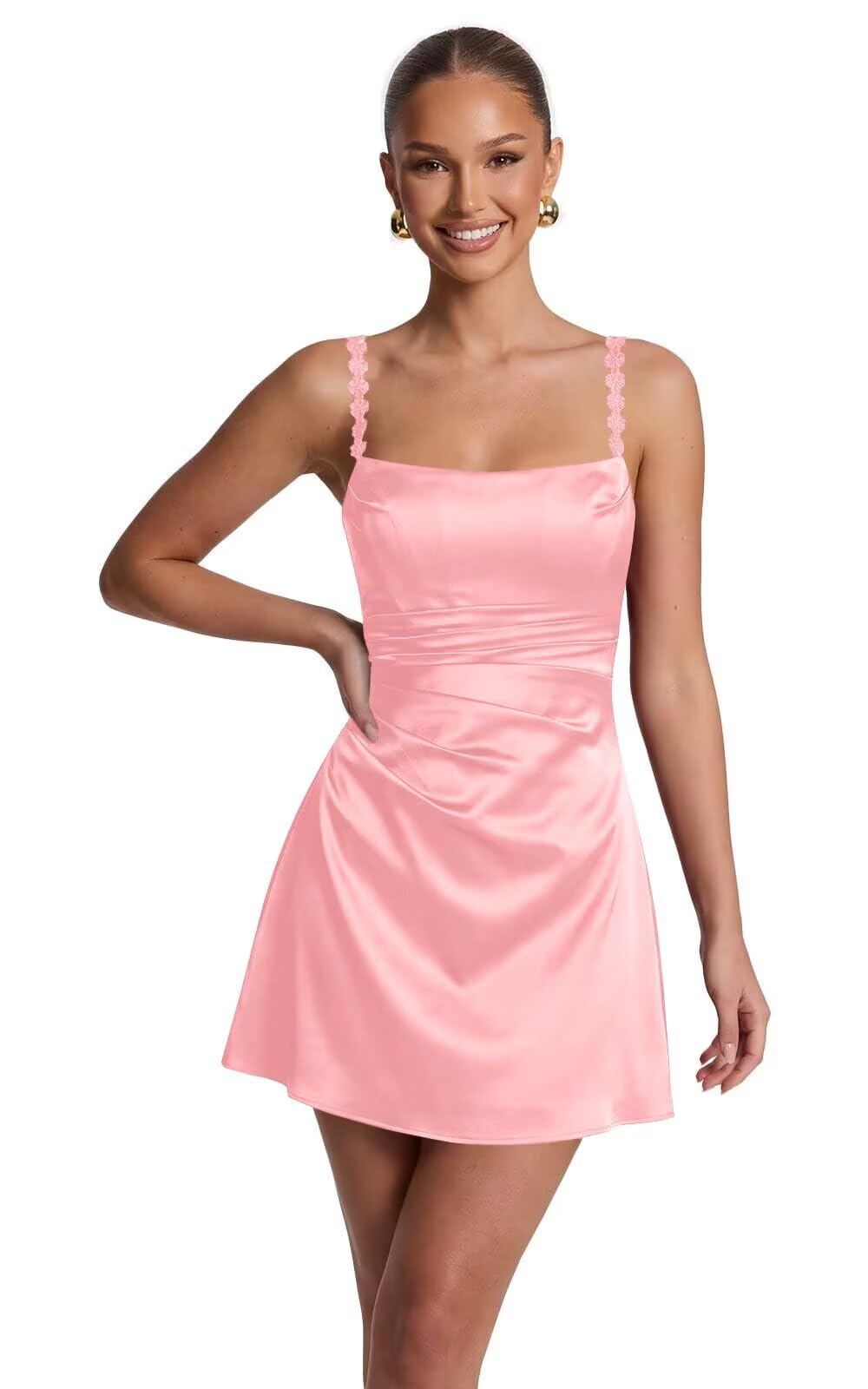 Satin Homecoming Dresses for Teens 2026 Spaghetti Straps Short Prom Dress A-line Pleated Cocktail Party Gowns
