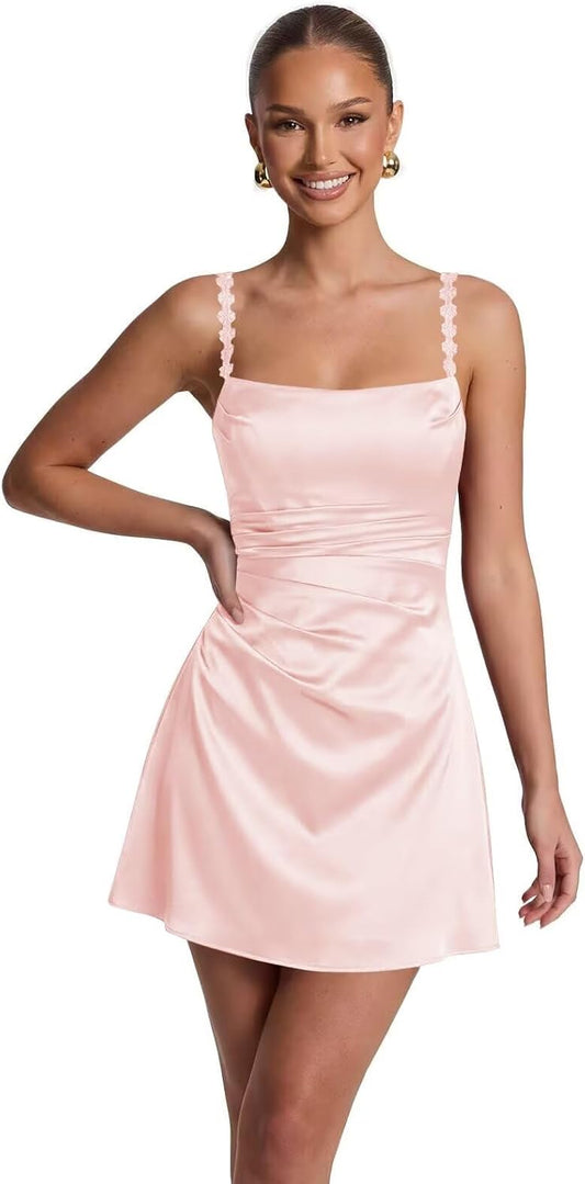 Satin Homecoming Dresses for Teens 2026 Spaghetti Straps Short Prom Dress A-line Pleated Cocktail Party Gowns