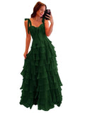 Tiered Prom Dresses with Bow Long A-Line Chiffon Formal Evening Dress for Women Spaghetti Straps Slit Ball Gown