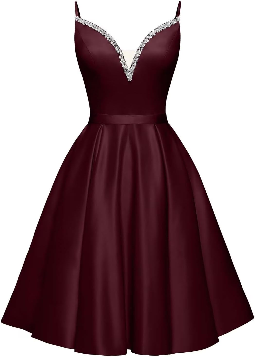 Spaghetti Straps Satin Homecoming Dresses for Teens V-Neck Short Prom Dress A-Line Beaded Cocktail Party Gowns