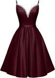 Spaghetti Straps Satin Homecoming Dresses for Teens V-Neck Short Prom Dress A-Line Beaded Cocktail Party Gowns